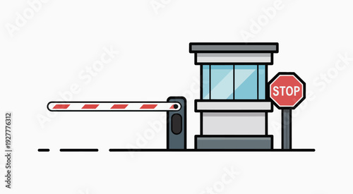 Toll Booth with Stop Sign and Lowered Barrier, Vector Illustration