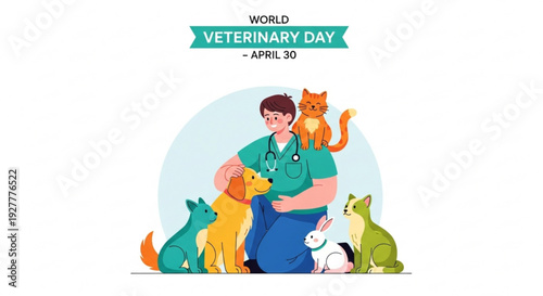 Veterinarian surrounded by pets on world veterinary day april 30 celebrating animal care and health