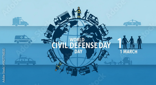 World civil defense day on march 1st global emergency response and preparedness concept with globe and rescue vehicles