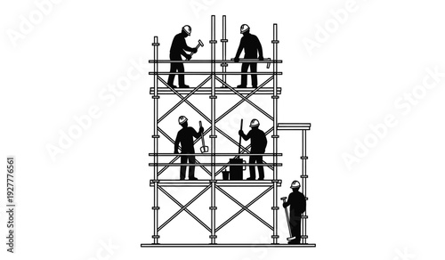 Black and white illustration of construction workers on scaffolding structure with metal bars and workers in hard hats and vests