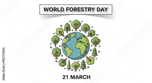 World forestry day illustration with globe surrounded by trees on march 21st