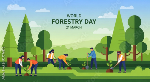 People planting trees on world forestry day march 21st in a green landscape with a blue sky