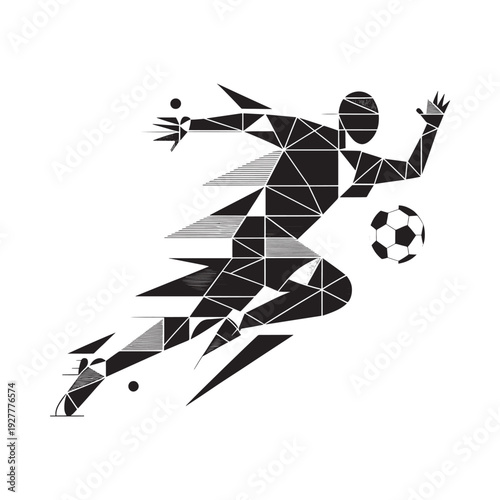 Abstract geometric illustration of a soccer player in action with a ball