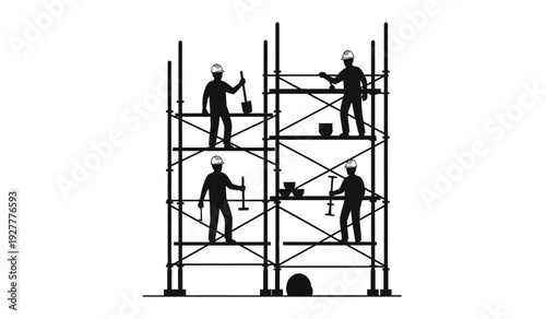 Black silhouette of construction workers on scaffolding structure with tools