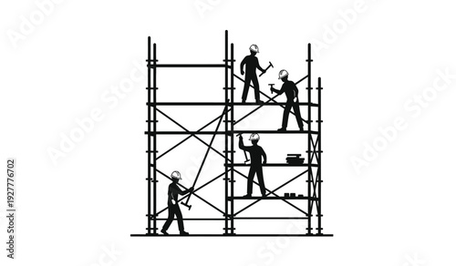 Black silhouette illustration of construction workers on scaffolding structure