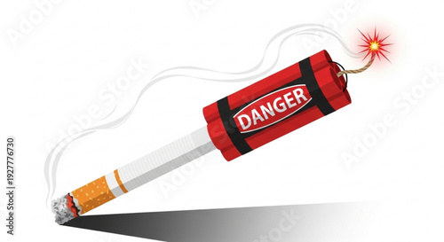 Cigarette attached to explosive device with danger label smoking and sparking
