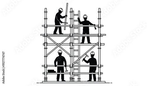 Black silhouette illustration of construction workers on scaffolding with tools