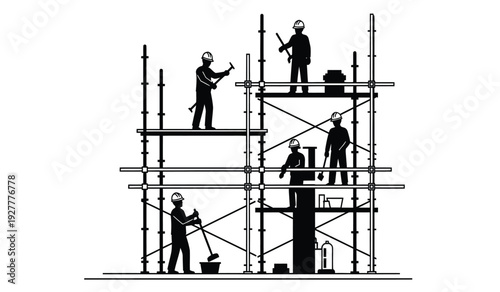 Construction workers on scaffolding with tools and equipment