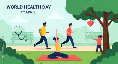 People exercising in park on world health day promoting fitness and wellness with a stethoscope and heart symbol