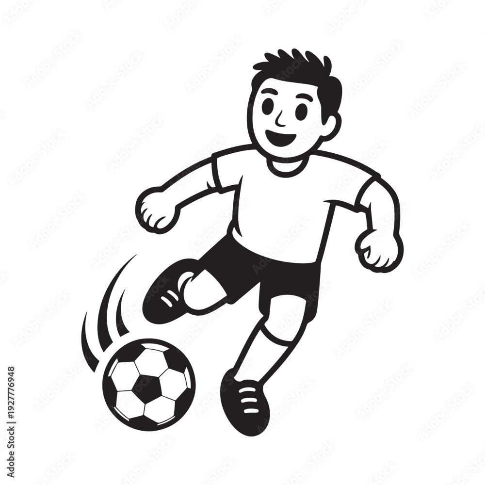 Obraz premium A black and white cartoon illustration depicts a young boy actively kicking a soccer ball