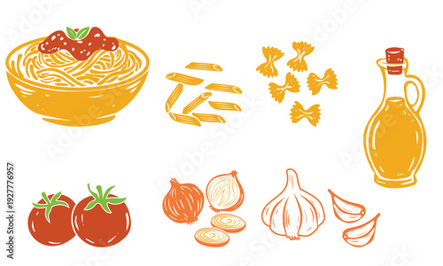 Hand-drawn Italian pasta ingredients set spaghetti, penne, farfalle, olive oil, tomatoes, onions, and garlic for delicious Mediterranean meals