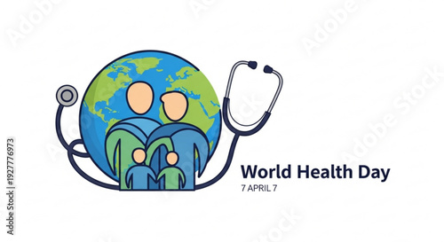 World health day illustration with globe stethoscope and diverse people
