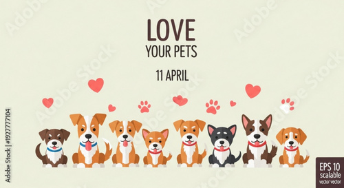 Cute dogs in a row with hearts and paw prints on a beige background for pet love and care concept