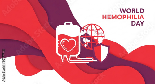 World hemophilia day awareness graphic with blood bag and heart symbol on red background
