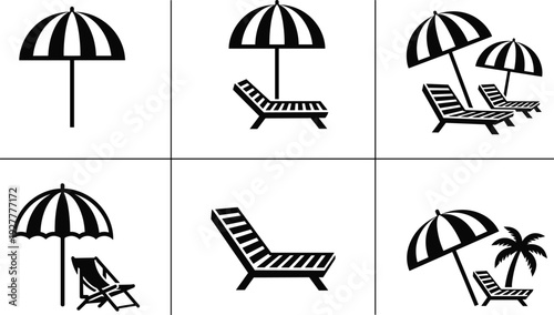 Beach umbrella and sun lounger silhouette icons set, summer vacation vector symbols for seaside holiday, resort relaxation and tropical travel design