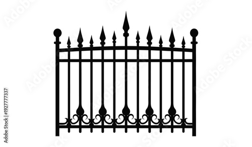 Black wrought iron fence gate with decorative spiked top and scrollwork details
