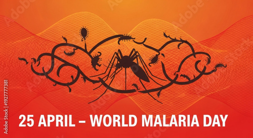 World malaria day awareness poster with mosquito illustration on orange background