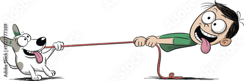 Funny cartoon dog and man playing tug of war with leash, humorous exaggerated characters isolated on white background