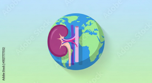 Kidney health concept with globe and organ illustration on gradient background