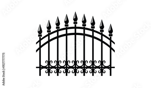 Black wrought iron gate with pointed tips and decorative scrollwork