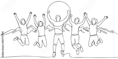 continuous one line drawing of people jumping with ball