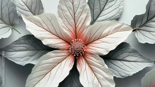 A beautiful macro blossom featuring red and white petals showcases the natural floral beauty of a spring garden hibiscus plant isolated in nature