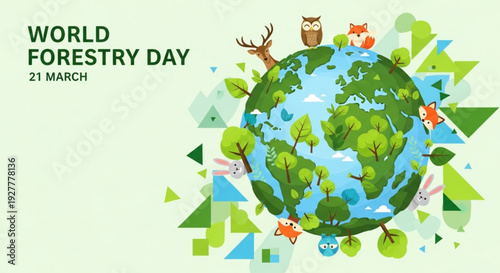 World forestry day poster with earth surrounded by trees animals and geometric shapes on green background