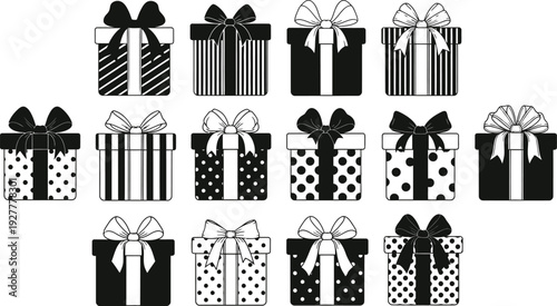 Black and white gift boxes with various patterns and bows