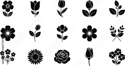 Collection of black and white floral silhouette icons