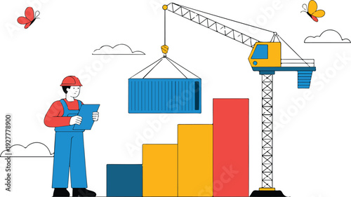 Business growth and construction concept vector illustration featuring crane, worker, and rising bar chart for development strategy