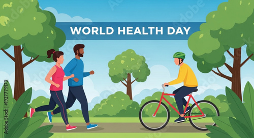 People running and cycling in a park on world health day illustration with green trees and blue sky
