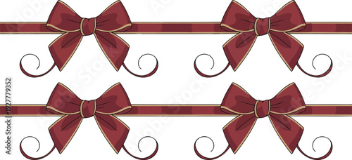 Elegant red gift ribbon bow set with golden trim for festive holiday celebration and packaging design isolated vector illustration