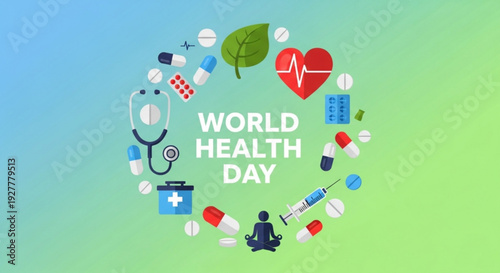 World health day concept with medical symbols and a person meditating in a circle of health related icons on a green and blue background