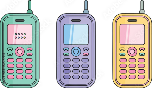Vintage keypad mobile phone collection featuring colorful retro devices in clean flat vector illustration style