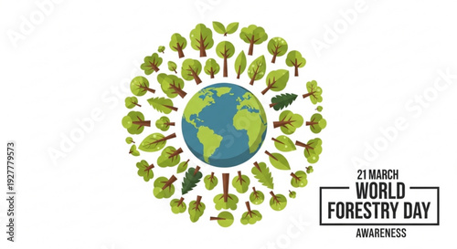 World forestry day awareness poster with globe surrounded by trees on white background