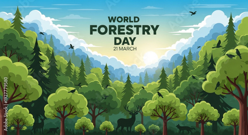 World forestry day illustration with forest landscape and trees under sunny blue sky