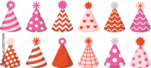 Colorful party hat illustration set with striped, dotted, and heart patterns for birthday celebration and festive design