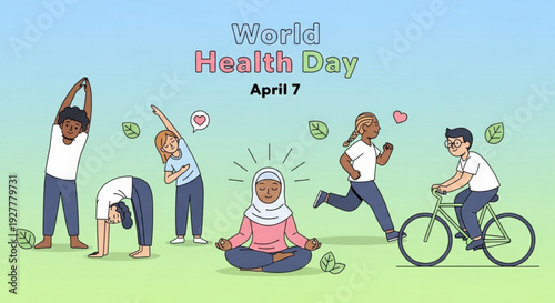 Diverse people exercising outdoors on world health day april 7 promoting fitness and wellness with a green background