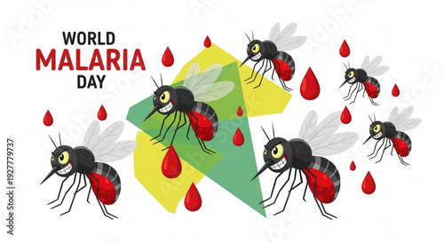 World malaria day mosquitoes with blood drops on green and yellow background