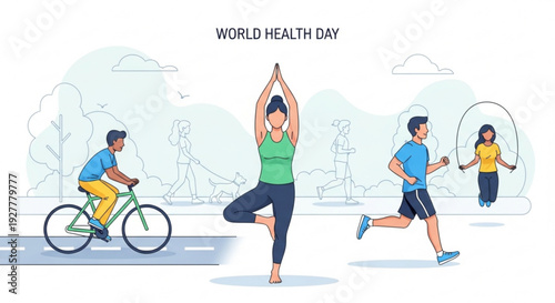People engaging in outdoor fitness activities on world health day exercising in a park with a cyclist runner yogi and jumper
