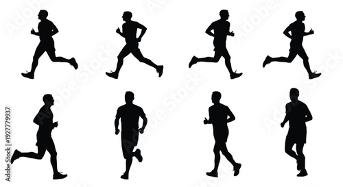 Silhouettes of runners in various dynamic poses against a white background