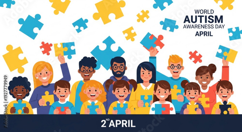 Diverse group of people celebrating world autism awareness day on april 2nd with puzzle pieces