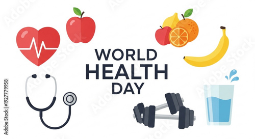 World health day concept with healthy lifestyle icons and text on white background