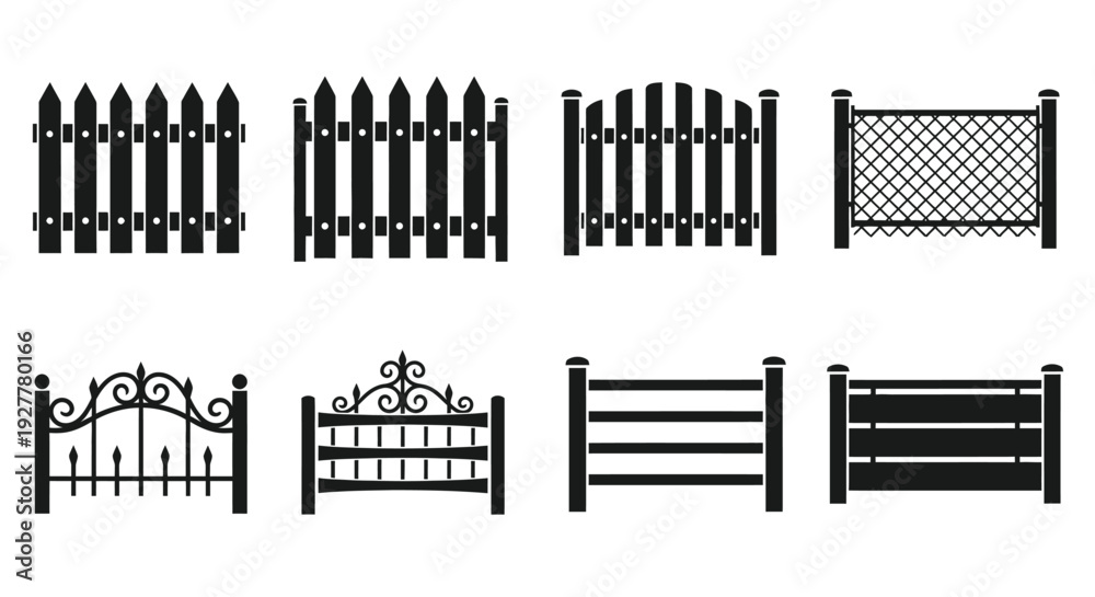 Obraz premium Black and white vector illustrations of various fence and gate designs