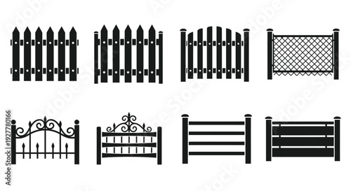 Black and white vector illustrations of various fence and gate designs