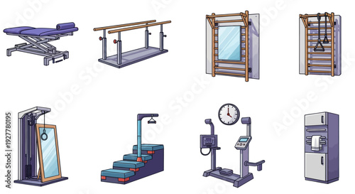 Collection of Physical Therapy and Rehabilitation Equipment in Cartoon Style