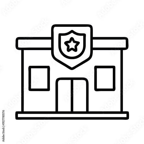 Simple line drawing of a police station building with a shield and star emblem.