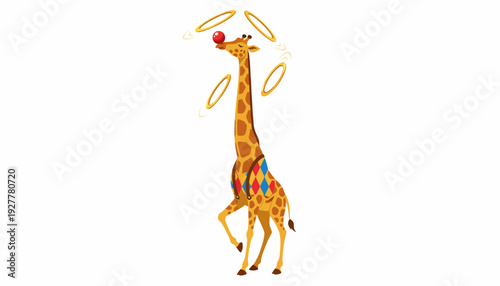 Captivating illustration of a tall giraffe showcasing incredible balancing skills, juggling multiple hoops and a bright red ball with its head, embodying a fun circus act