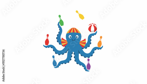 Whimsical blue octopus juggling colorful bowling pins and a striped ball, showcasing a playful and energetic circus performance