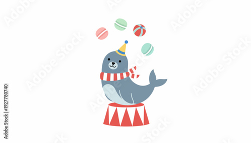 Cute circus seal balancing on a stool and juggling balls, wearing a party hat and scarf